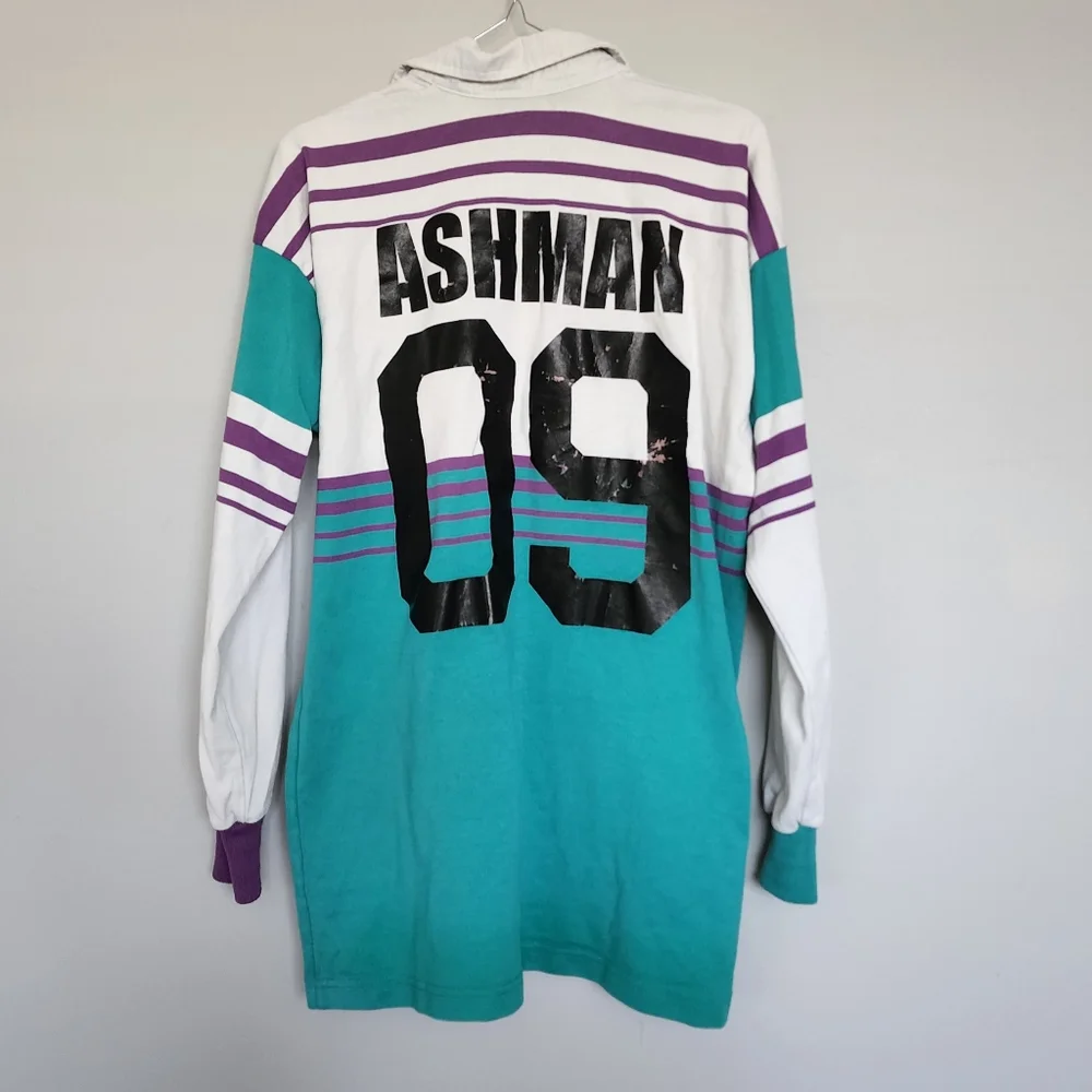 School Shirt Vintage Retro Mens Aqua Green Purple Stripe Longsleeve Sweatshirt - Picture 1 of 4